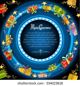 Circle frame on blue Christmas tunnel background with golden stars and present boxes 
