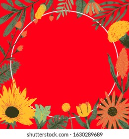 Circle frame on flower background. Design space and copy space. Fantasy floral leaf art illustration. Decoration elements vector
