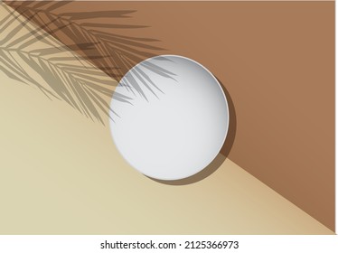 circle frame on pastel background with palm leaf shadow. for products, promotions, sales, banners, presentations, cosmetics and fashion. Minimal showcase mock up concept. 