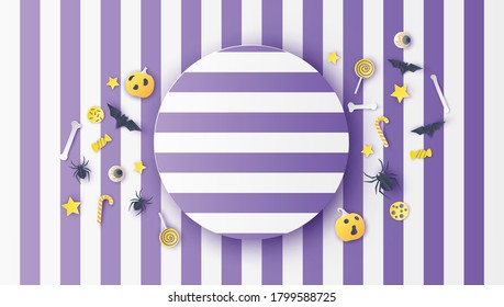 Circle frame on pattern line background alternating purple and white decorated with pumpkin, bat, spider, candy, eyeball, skeleton and sweetmeat. paper cut and craft style. vector, illustration.