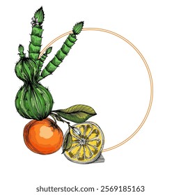 Circle frame with Orange and
cactus. Hand drawn round line border, leaves and flowers, wedding invitation and cards, logo design and posters template. Elegant minimal style floral.