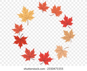 Circle frame of orange maple leaves on transparent background, perfect for Thanksgiving and autumn themed. vector
