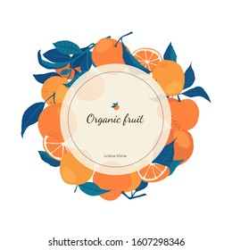 Circle frame of oranges on branches with copy space in flat style. Template with citrus fruits for your brochure design, banner, labels. Vector stock illustration