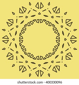 Circle frame with oriental contour mosaic ornament on light yellow background. Space can be used for invitations, promotional poster or greeting cards text . Vector illustration eps