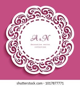 Circle frame with ornamental border, lace doily, cutout paper pattern, elegant vector template for laser cutting, round lacy decoration for wedding invitation card, eps10