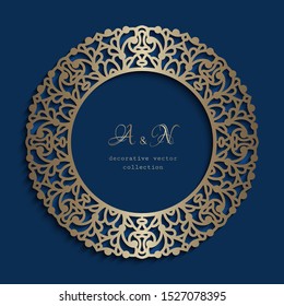 Circle frame with ornamental lace border, cutout paper pattern, elegant vector template for laser cutting, round lacy decoration for wedding invitation card with place for text