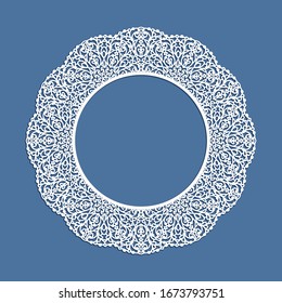 Circle frame with ornamental lace border, cutout paper pattern, elegant vector template for laser cutting, round lacy decoration with place for text