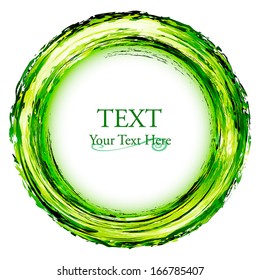 Circle frame, painted with green brushstrokes on white background and a place for text. Vector design element.