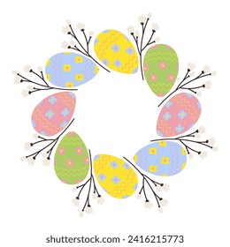 Circle frame of patterned Easter Eggs and blooming twigs. Copyspace. Easter greetings design concept