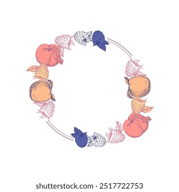 Circle frame with peaches and raspberries. Hand drawn round line border wedding invitation and cards, logo design and posters template. Elegant minimal style floral vector isolated