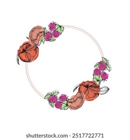 Circle frame with peaches and raspberries. Hand drawn round line border wedding invitation and cards, logo design and posters template. Elegant minimal style floral vector isolated