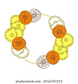 Circle frame  with pineapple and orange. Hand drawn round line border, leaves and flowers, wedding invitation and cards, logo design and posters template. Elegant minimal style floral vect