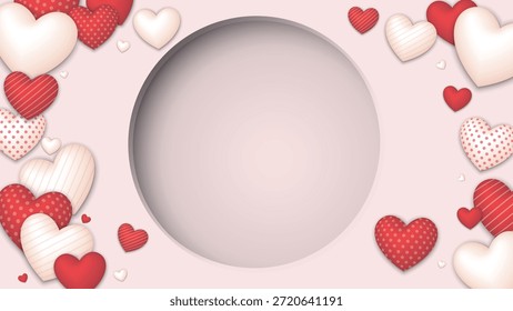 Circle frame with pink background have many red and white heart balloons various designs floating around.