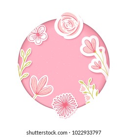 Circle frame. Pink paper clip art with hand drawn flowers. Blank template for feminine products, cosmetics, sales