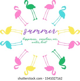 Circle frame with pink, yellow, turquoise and blue flamingo silhouettes with text inside. Vector patterns