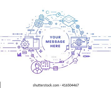 Circle Frame with Place for Text. Set of application development, web site coding, information and mobile technologies vector icons and elements. Thin Line Flat Style.