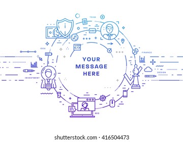 Circle Frame with Place for Text. Set of application development, web site coding, information and mobile technologies vector icons and elements. Thin Line Flat Style.