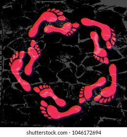 Circle frame with prints barefooted human foot. Footprint icon. Flat vector cartoon illustration. Objects isolated on white background.