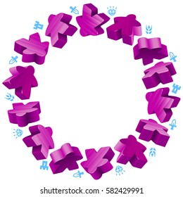 Circle Rahmen von violetten Masern für Brettspiele. Spielstücke und Ressourcen - Symbole einzeln auf weißem Hintergrund. Vektorgrenze für Design-Brettspiele-Werbung oder Vorlage-Geks-T-Shirt-Druck