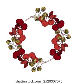 Circle frame with raspberry and cherry. Hand drawn round line border, leaves and flowers, wedding invitation and cards, logo design and posters template. Elegant minimal style floral vector isolated
