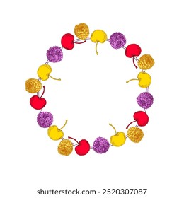 Circle frame with raspberry and cherry. Hand drawn round line border, leaves and flowers, wedding invitation and cards, logo design and posters template. Elegant minimal style floral vector isolated