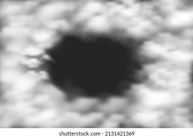 Circle frame of realistic cloud effect. Sky smoke transparent background. Vector spooky design.