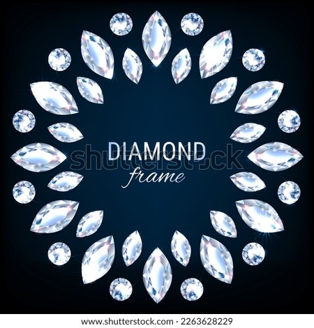 Circle frame from realistic diamond gemstones on black background. Jewelry design elements with shiny diamonds. Banner, poster, gift card, invitation template. Vector.