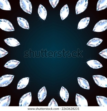 Circle frame realistic diamonds  black background. Jewelry design elements with shiny diamonds. Banner, poster, gift card, invitation template. Vector.