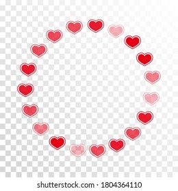 Circle frame of red hearts on transparent background. Vector holiday romantic illustration.