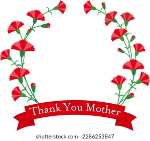 Circle frame with red ribbon and bouquet of carnations titled Mother's Day, with text space