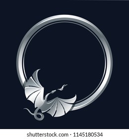 Circle frame with rising flying Dragon breathing fire. Art in silver and black colors. Vector illustration. Works well as label, icon, emblem, design element, print, mascot. Empty space for your text