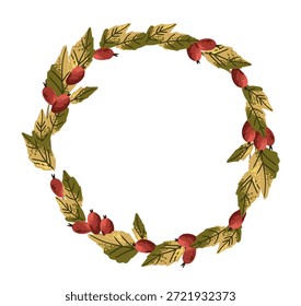 Moldura de círculo com frutos vermelhos de rosa e folhas