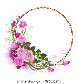Circle frame with roses for greeting card. Bouquet of flowers a gift for a birthday.