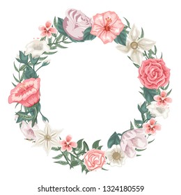 Circle frame of roses, tulips and different flowers