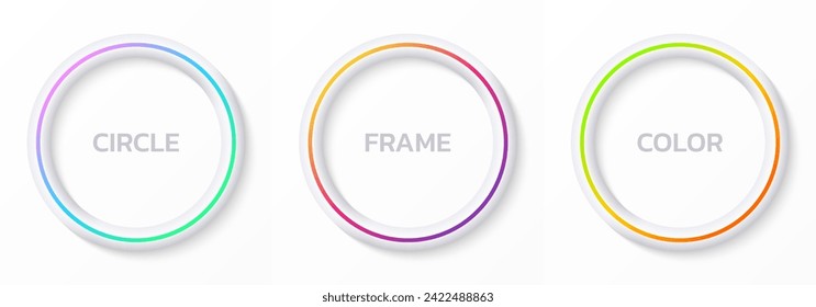 Circle frame, round border set. 3d circles with gradient, neon colors. Vector illustration.