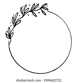 Circle frame. Round wreath with leaves. Boho style, cute floral element. Vector isolated clip art on white background.