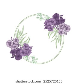 Circle frame with sakura and eucalyptus. Hand drawn round line border, leaves and flowers, wedding invitation and cards, logo design and posters template. Elegant minimal style floral.