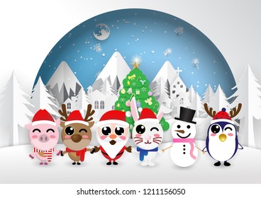 circle frame santa claus hold one's hands animal of christmas,merry christmas,happy new year