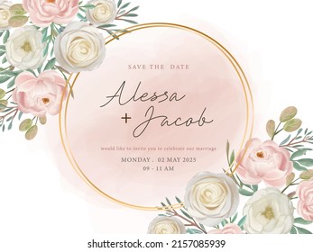 Circle Frame Save the date wedding invitation card template with rose flower watercolor gold