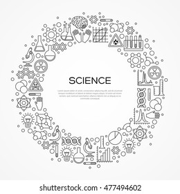 Circle Frame with Scientific Line Icons Isolated on White. Vector illustration. Chemistry Background, Science Lab Research