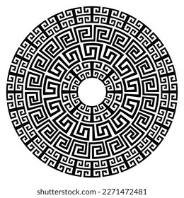 Circle frame with seamless disconnected meander pattern. Meandros, a decorative border, constructed from lines, shaped into a repeated motif. Greek fret or Greek key. Illustration over white.