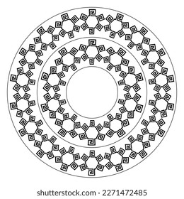 Marco de círculo con un patrón de serpenteo sin costuras. Mientras tanto, un borde decorativo, construido a partir de líneas, en forma de motivos repetidos. Llave griega o llave griega. Ilustración sobre blanco.