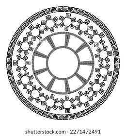 Circle frame with seamless disconnected meander pattern. Meandros, a decorative border, constructed from lines, shaped into a repeated motif. Greek fret or Greek key. Illustration over white.