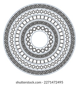 Circle Frame mit nahtlosem, abgetrenntem Mander-Muster. Meandros, eine dekorative Grenze, aus Linien gebaut, zu einem wiederholten Motiv geformt. Griechischer Frat oder griechischer Schlüssel. Illustration auf Weiß.