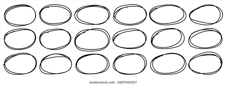 Circle frame set. Circular scribble doodle vector illustration. Round frame set. Black highlighter circle on white background. Brush highlight text circles deign. Vector illustrator.
