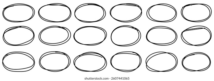 Circle frame set. Circular scribble doodle vector illustration. Round frame set. Black highlighter circle on white background. Brush highlight text circles deign. Vector illustrator.
