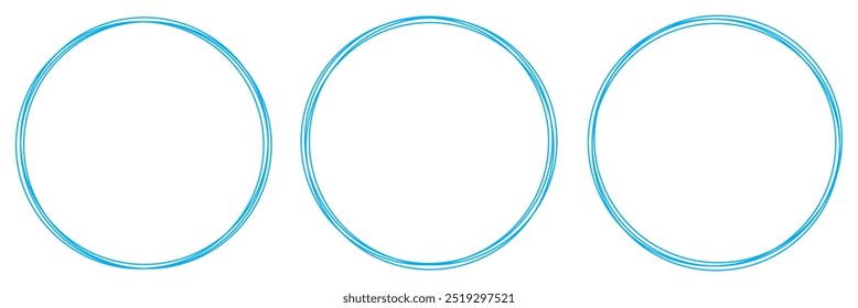 Circle frame set. Round frame set. Geometric line circle design frames. Round shape borders. Hand drawing circle line sketch set. Blue circle set on white background.