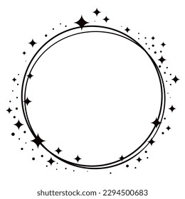 Circle Frame mit glänzenden Sternen schwarz monochrome Linie Vektorgrafik. Rund dekorative Randkunst festliches Element mit leuchtendem Schimmer. Glühende Staubkonfetti-Wirkung an der Kreislaufgrenze