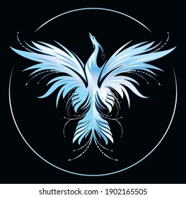 Circle frame with silhouette of magic ice Phoenix on black background. Vector illustration template for print, fantasy poster, mascot, emblem, hope concept.