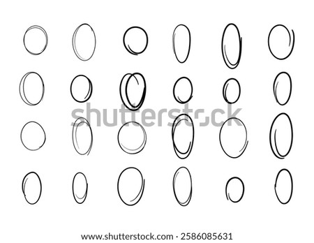 Circle frame, simple graphic rounded line of selection, accent, hand-drawn with marker, pen, isolated on a white background, vector. A black and white oval, an element for decoration, design